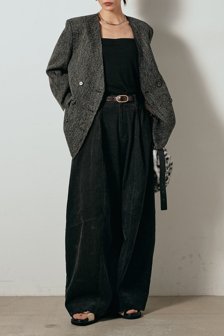 [SET]ノーカラーダブルボタンツイードジャケット+タック入りコーデュロイワイドパンツ(2set)