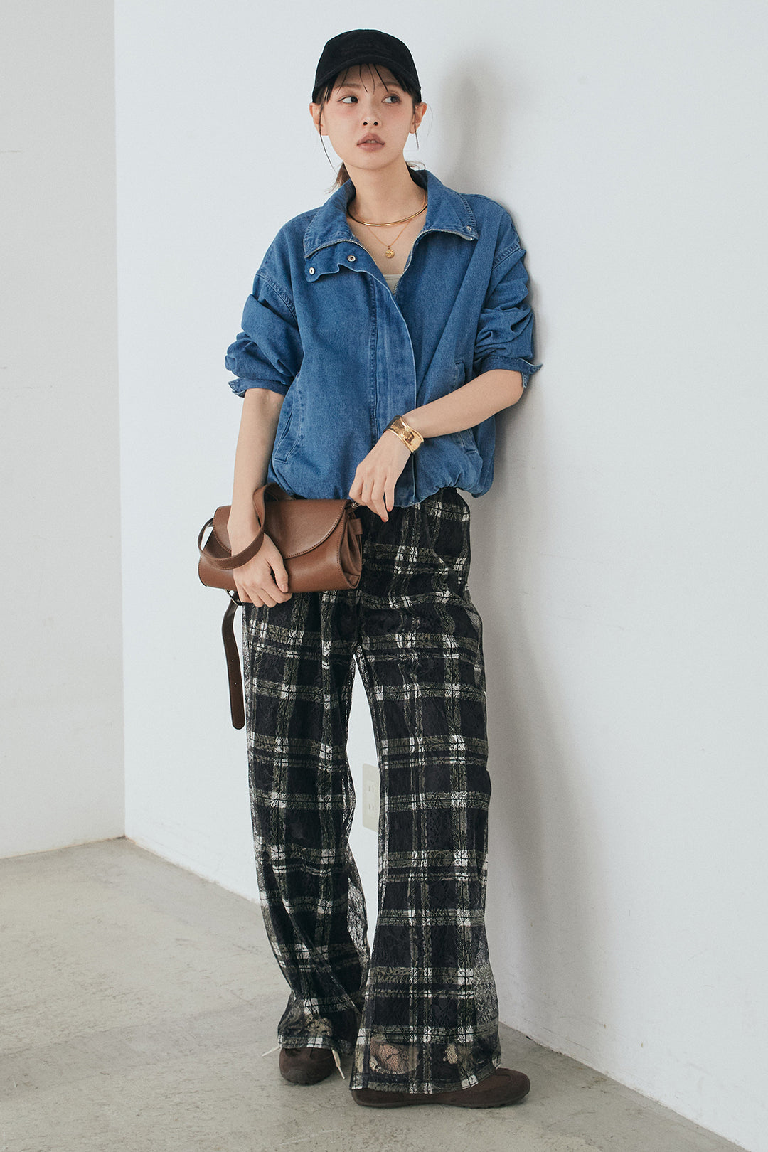 [SET]スタンドカラーデニムブルゾンジャケット+レースチェックワイドイージーパンツ(2set)