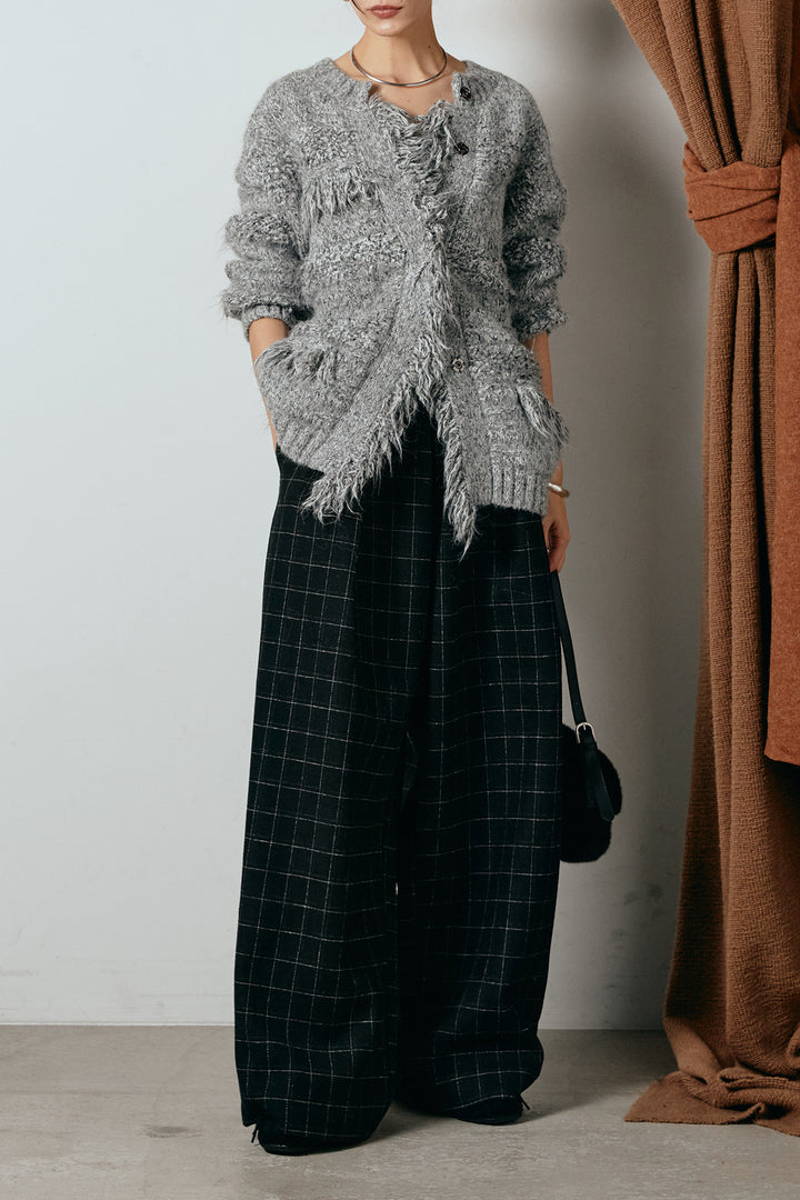 [SET]フリンジニットカーディガン+ウールライクチェックタックパンツ(2set)