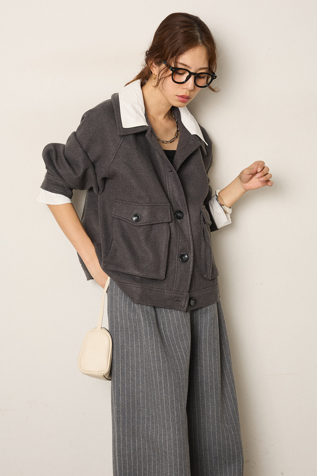 [SET]衿レイヤードフェイクウールジャケット+ウールライクストライプパンツ(2set)
