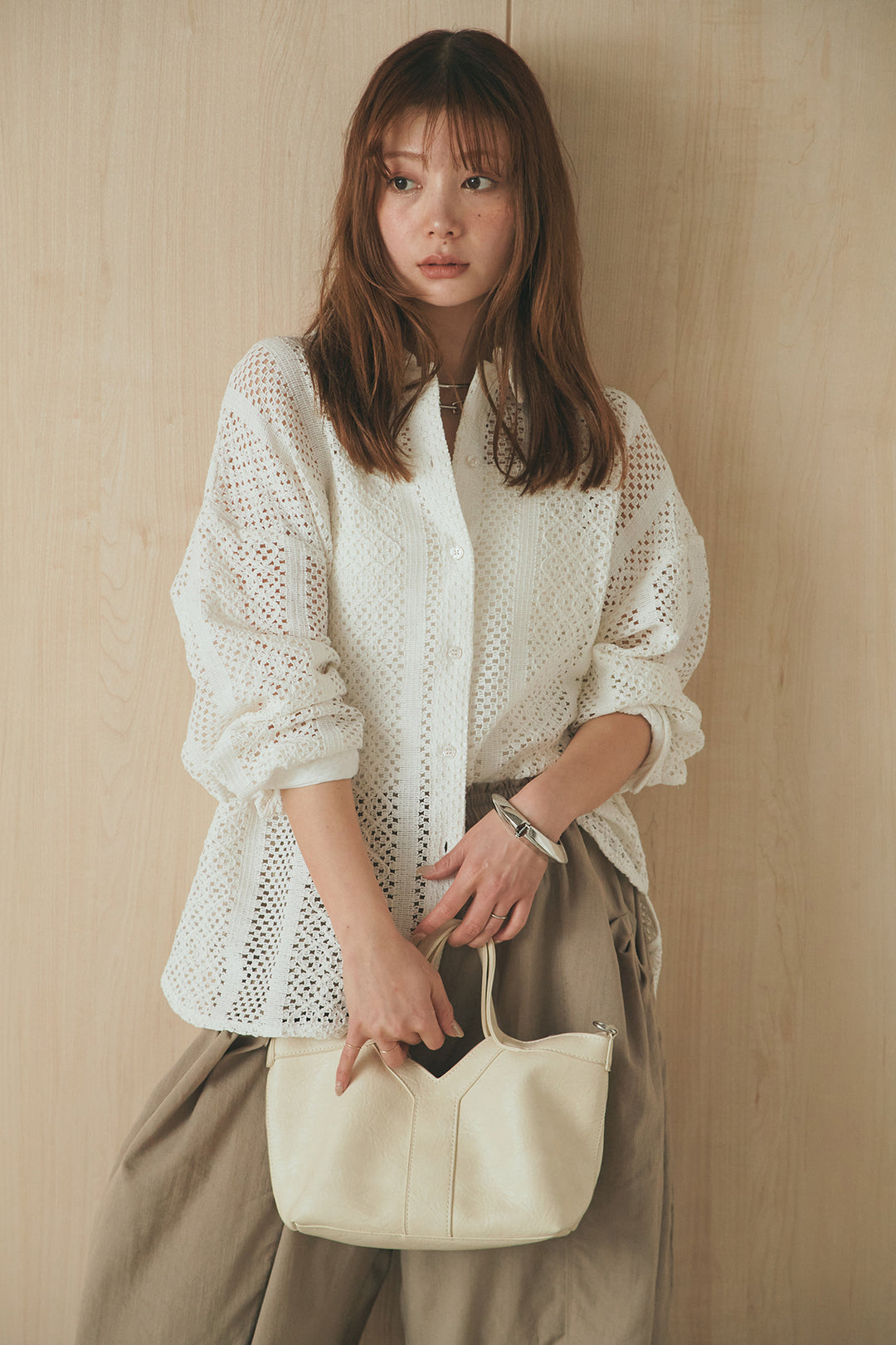 [SET]長袖襟付きレースシャツ+ポケットタックフォルムパンツ(2set)