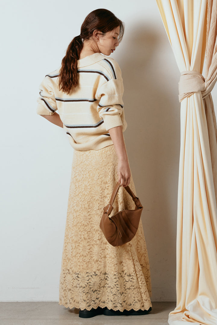 [SET]襟付きマルチボーダーニットポロトップス+花柄刺繍ベロアフレアスカート(2set)