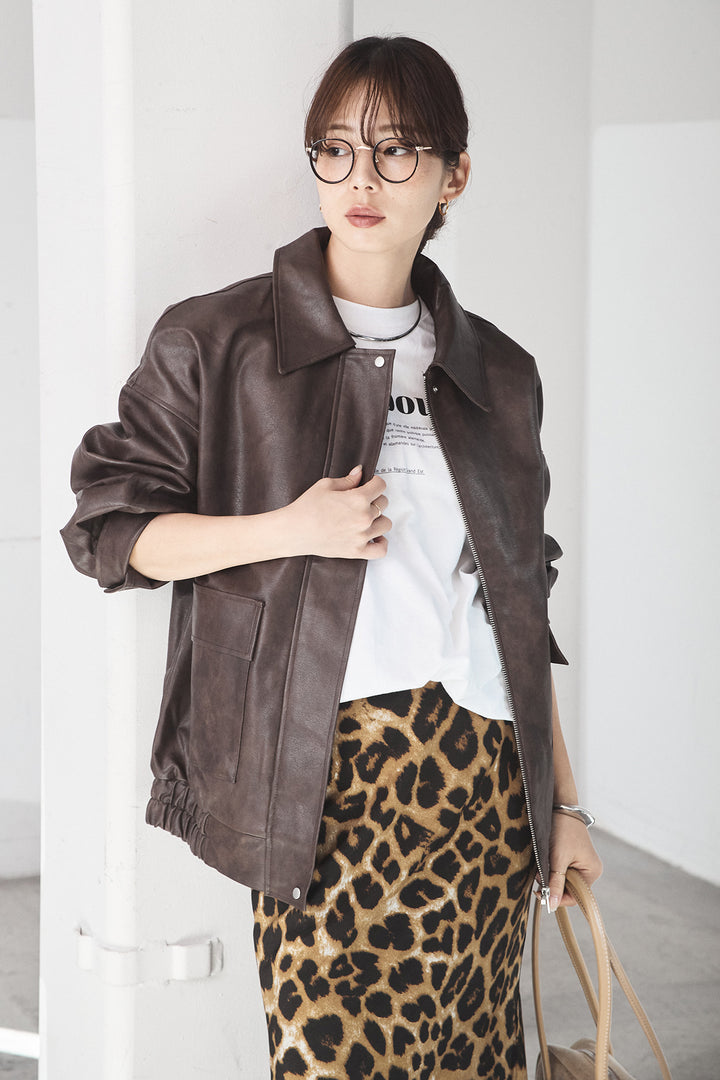 [SET]レザーライクオーバーサイズブルゾン+レオパードサテンナロースカート(2set)