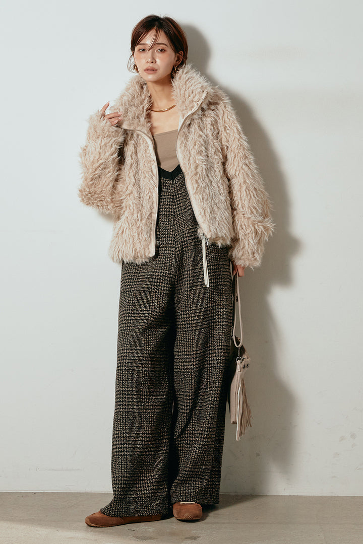 [SET]ミックスシープファースタンドブルゾン+前後2wayグレンチェック柄スカーチョサロペット(2set)