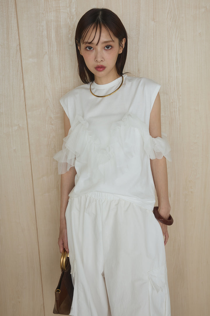 [SET]チュールフリルフレンチTシャツ+ルーズカーゴワイドパンツ(2set)