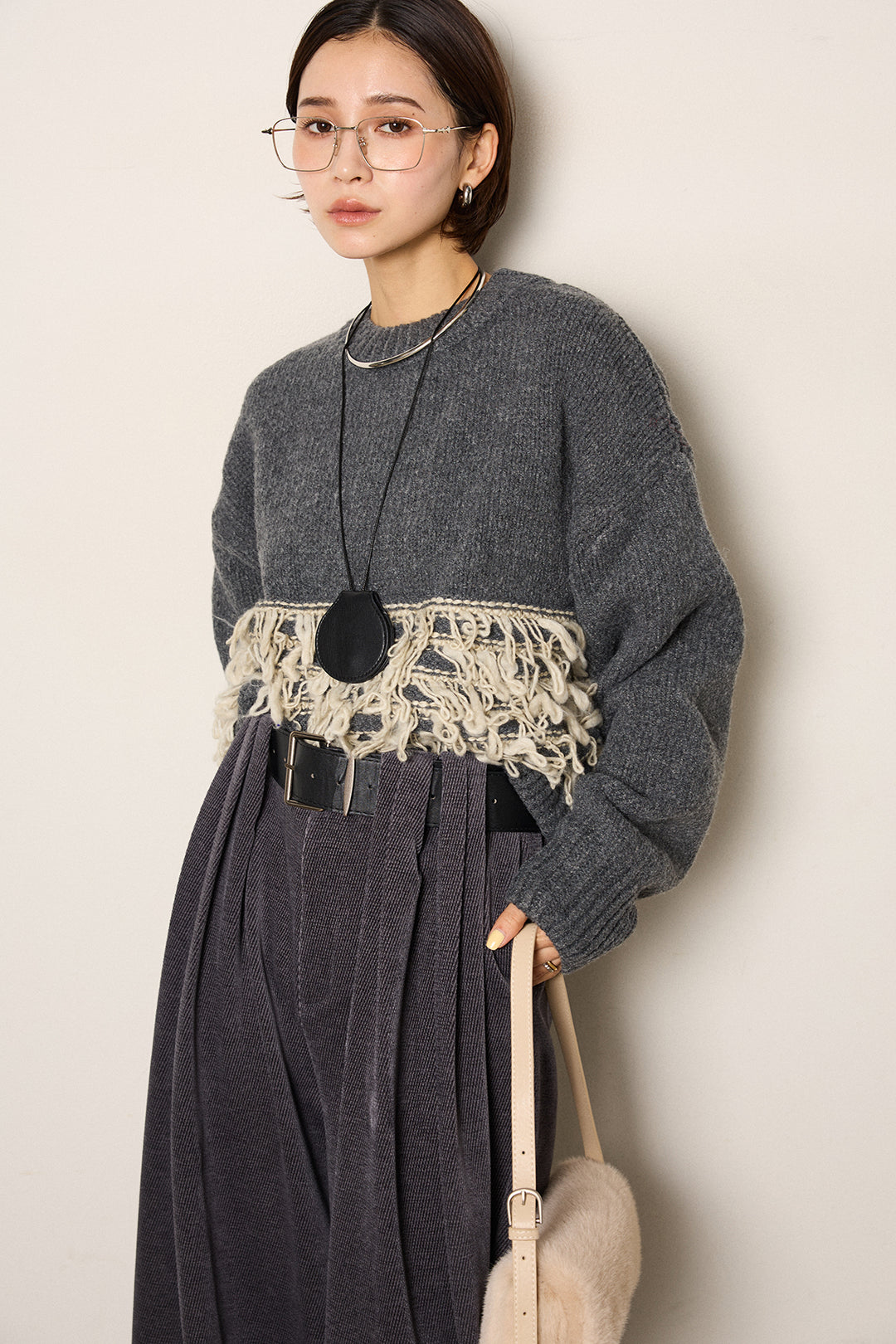 [SET]ループ編み切り替えニットプルオーバー+ベルトループコーデュロイワイドパンツ(2set)