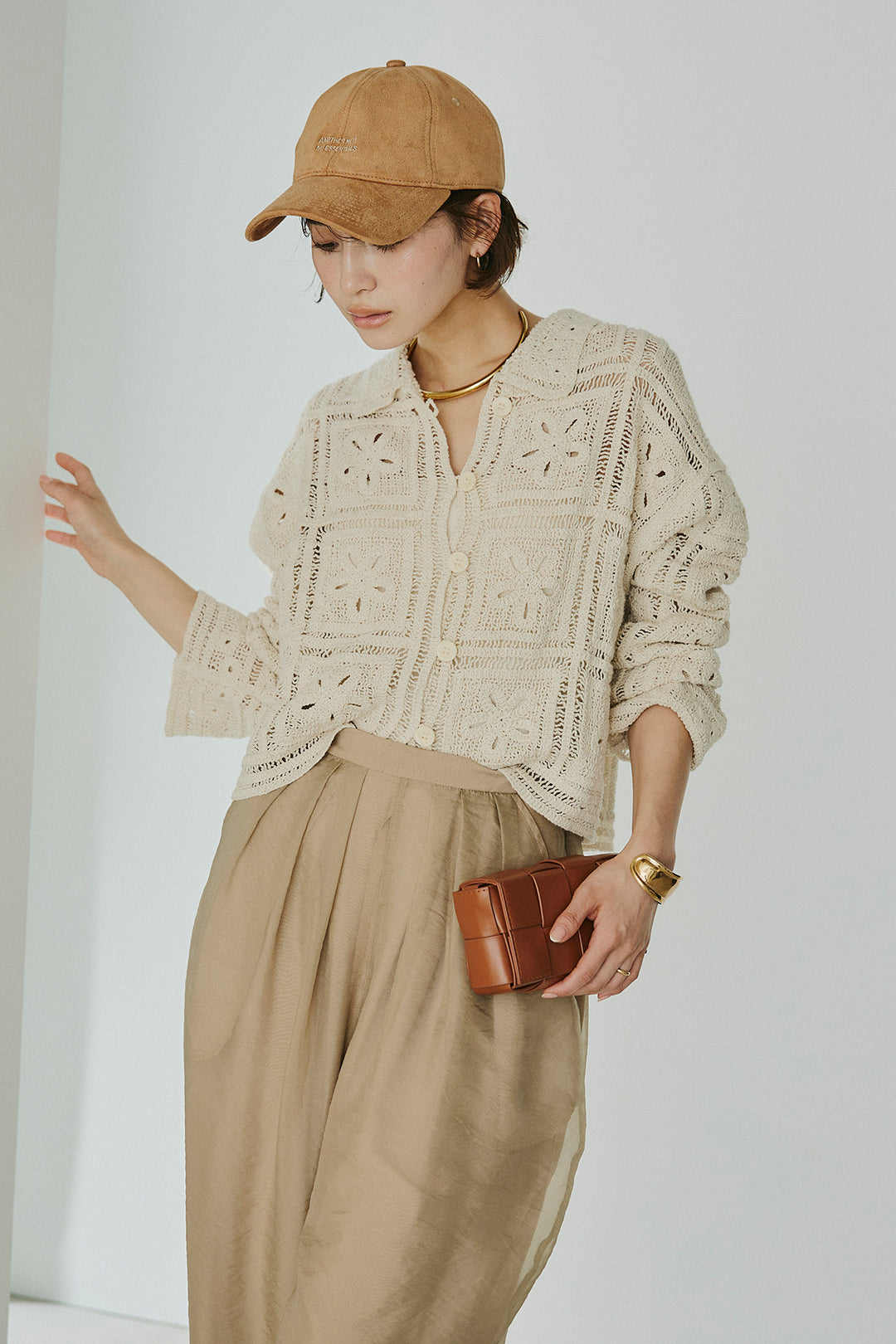 [SET]鍵編みフラワーレースカーディガン+オーガンジータックパンツ(2set)