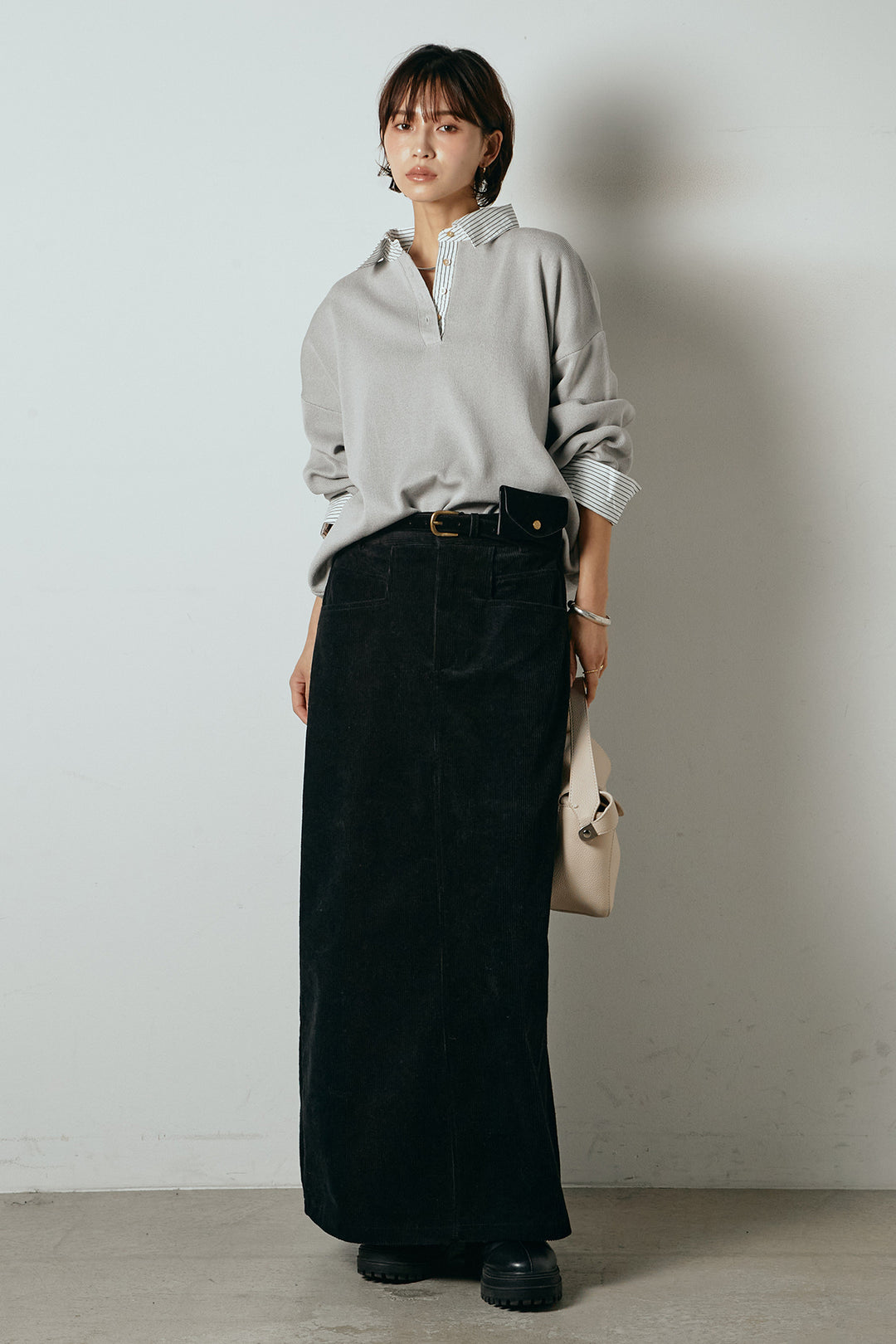 [SET]ストライプシャツドッキングポロトップス+ポーチベルト付きコーデュロイワイドスカート(2set)