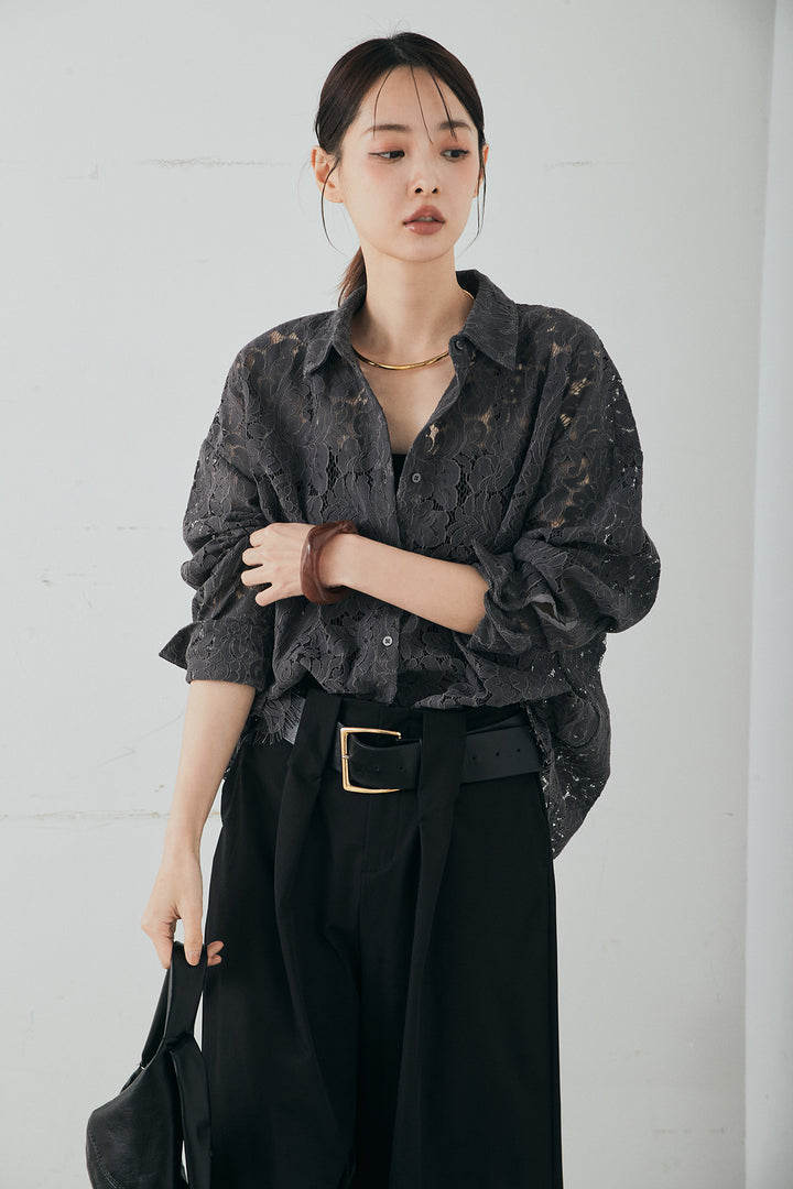 [SET]レース裾スカラップシャツ+ベルトループデザインハイウエストタックパンツ(2set)