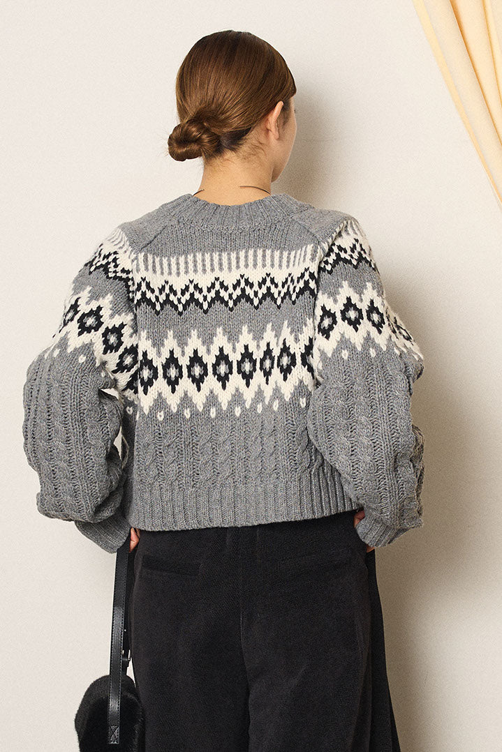 [SET]2WAY求心柄ジャガードショートカーディガン+2WAY袖コード刺繍クルーネックプルオーバー(2set)