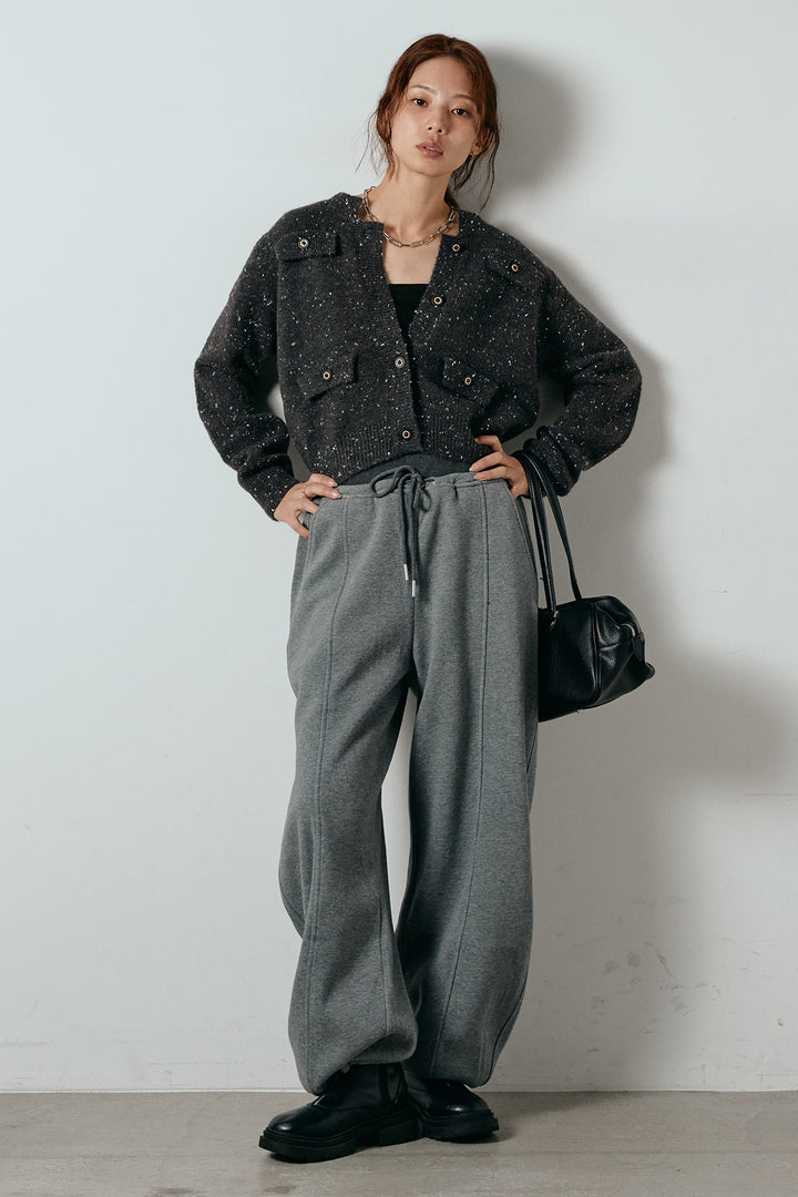 [SET]ネップニットカーディガン+スウェットワイドカーブパンツ(2set)