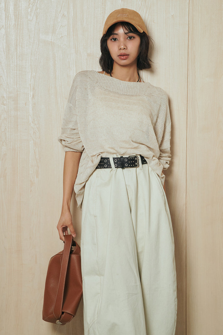 [SET]麻混リラックスニットトップス+ベルト付きカラーデニムパンツ(2set)