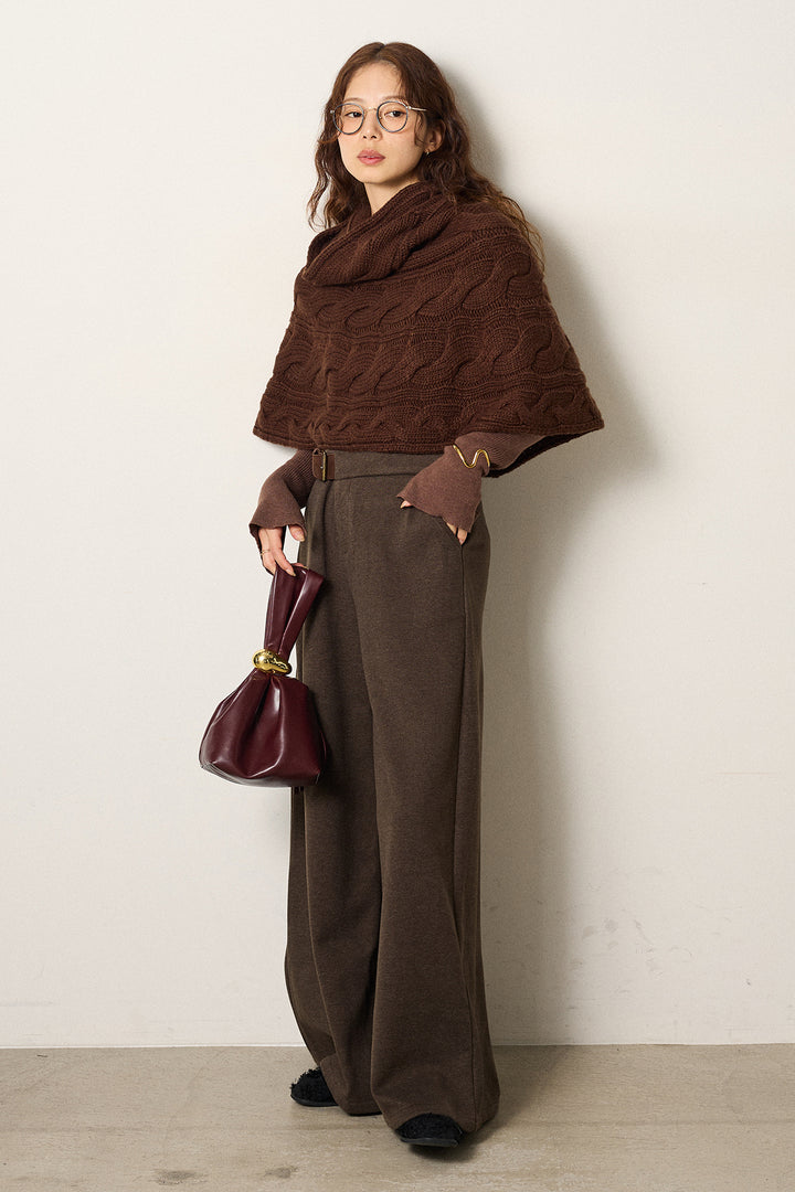 [SET]ケーブル編みケープレイヤードニット+サイドベルトパンツ(2set)