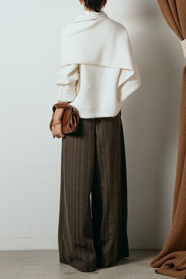[SET]ネック巻きデザインニットトップス+タック入りマルチストライプ柄ワイドパンツ(2set)