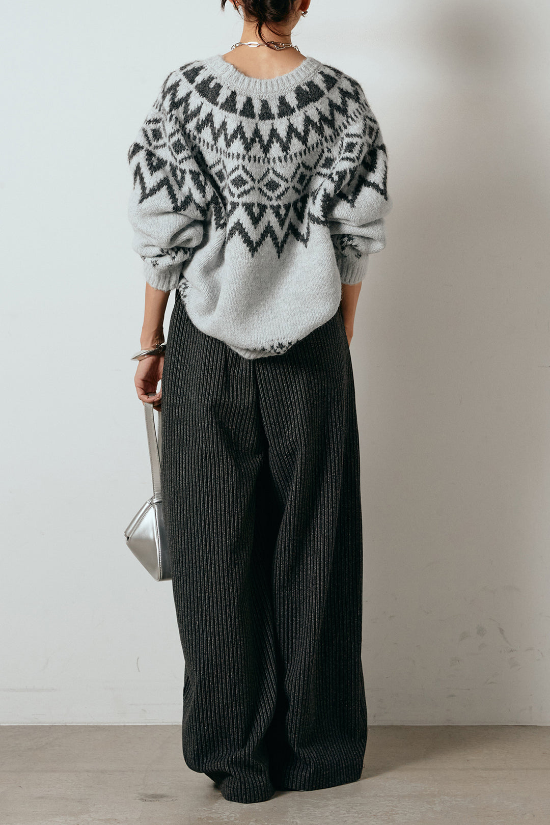 [SET]ノルディック柄Uネックプルオーバー+レザーライク配色ストライプパンツ(2set)