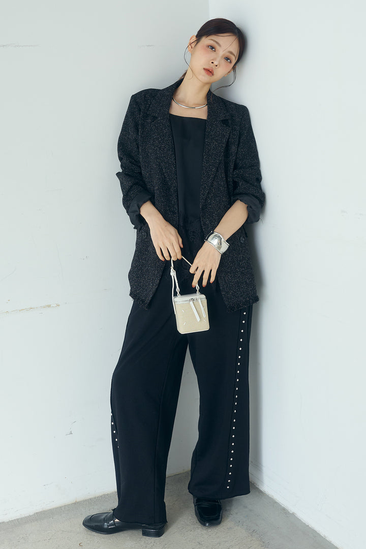 [SET]スラブネップツイードフリンジテーラードジャケット+サイドデザイン入りスウェットパンツ(2set)