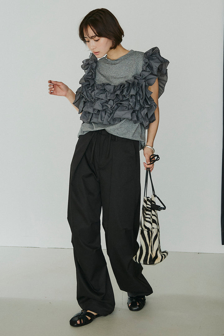 [SET]天竺ナイロンドッキングビスチェ風トップス+ニーサイドタックウエストドロスパンツ(2set)