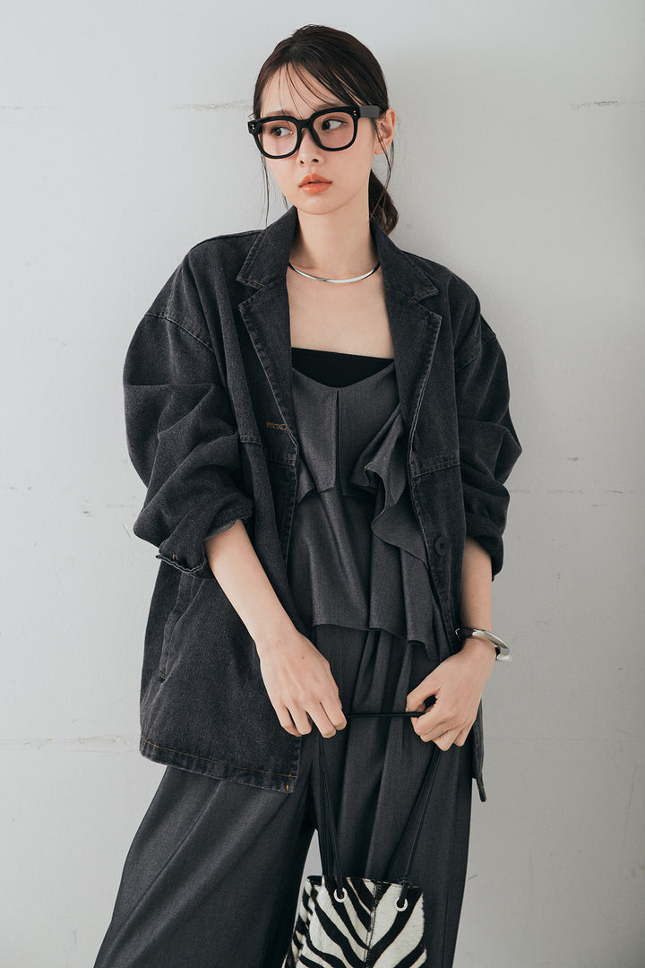 [SET]オーバーデニムジャケット+デニムライクツイルタックパンツ+デニムライクツイルティアードキャミソール(3set)
