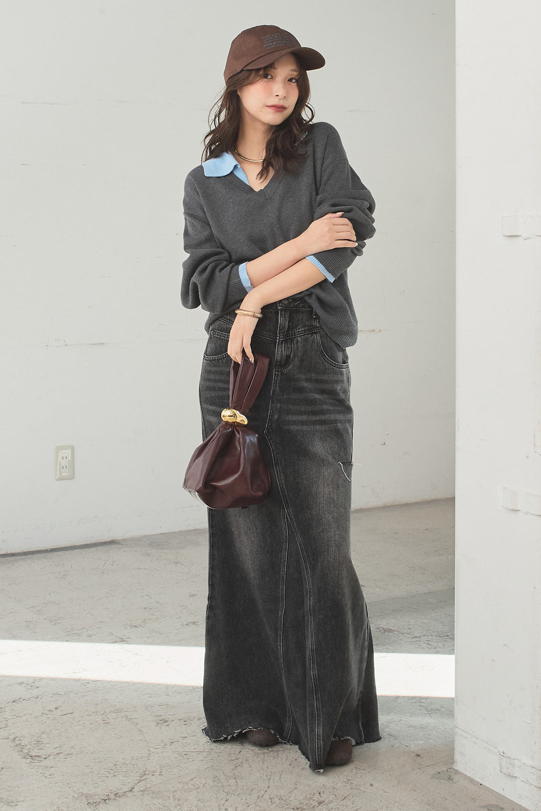 [SET]バイカラーニットレイヤード風プルオーバー+Aラインデニムスカート(2set)