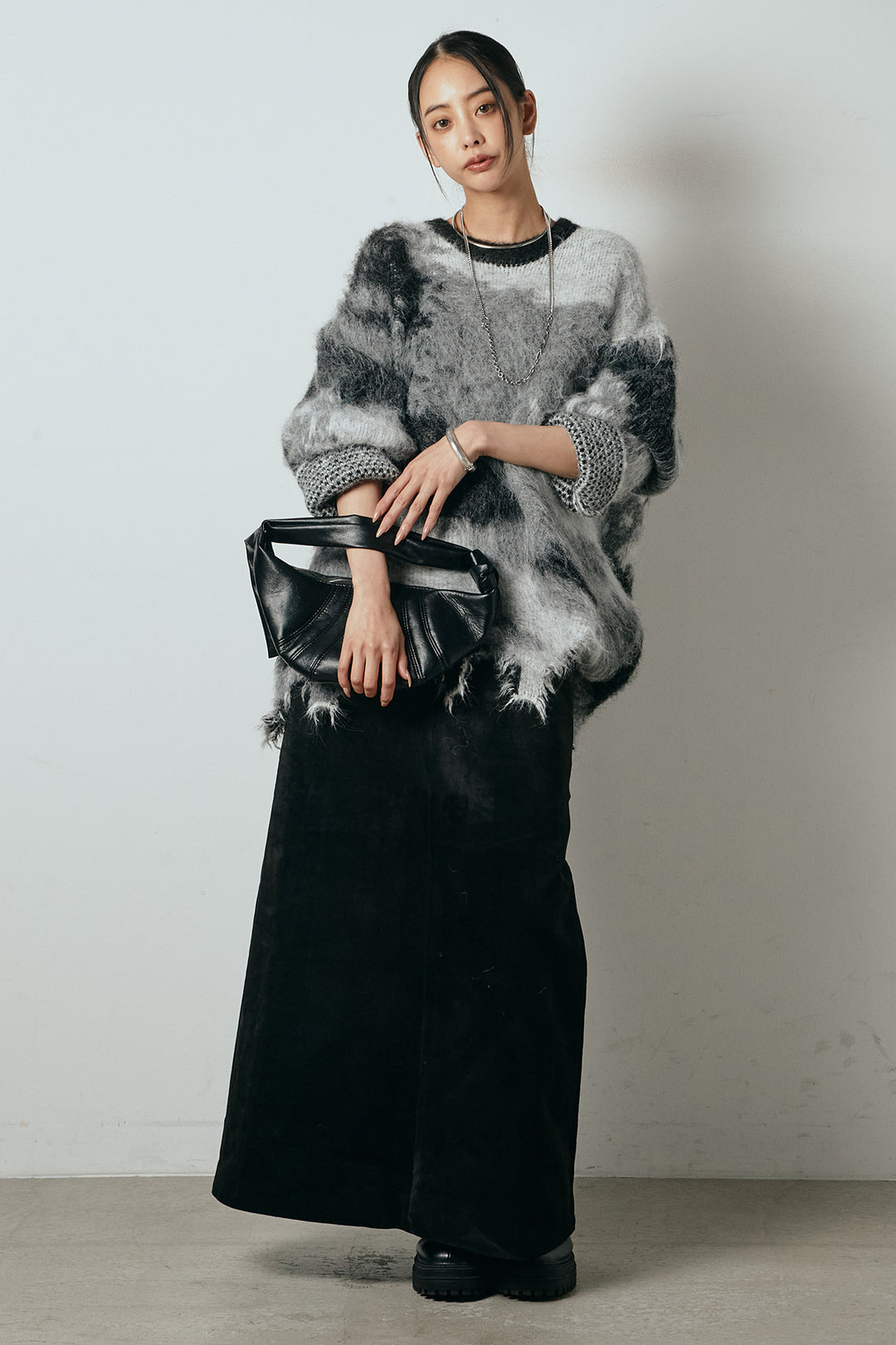 [SET]起毛裾デザインニュアンス柄ニットトップス+エコスウェードワイドスカート(2set)