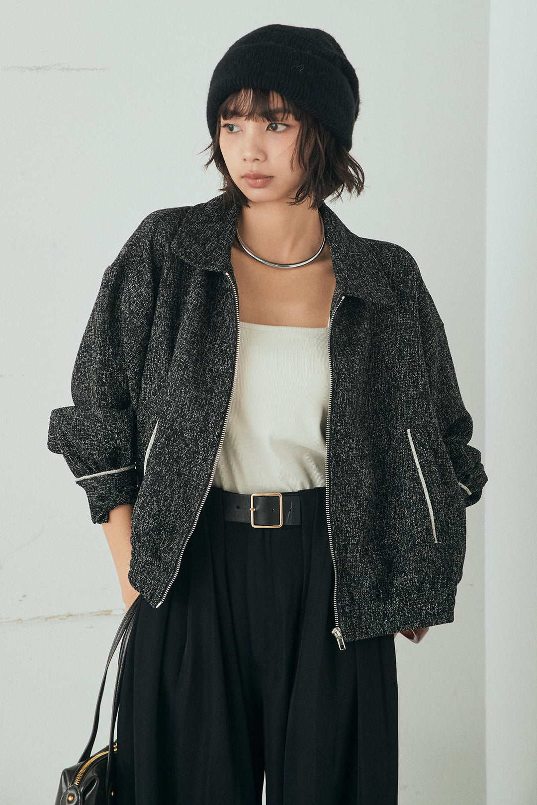 [SET]ツイード配色パイピングブルゾン+ベルト付きタックデザインハイウエストロングパンツ(2set)