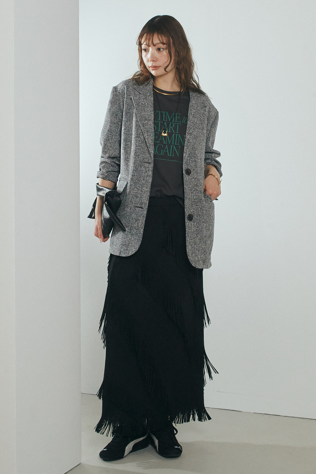 [SET]ミックスツイードベルト付きジャケット+斜めフリンジデザインスカート(2set)
