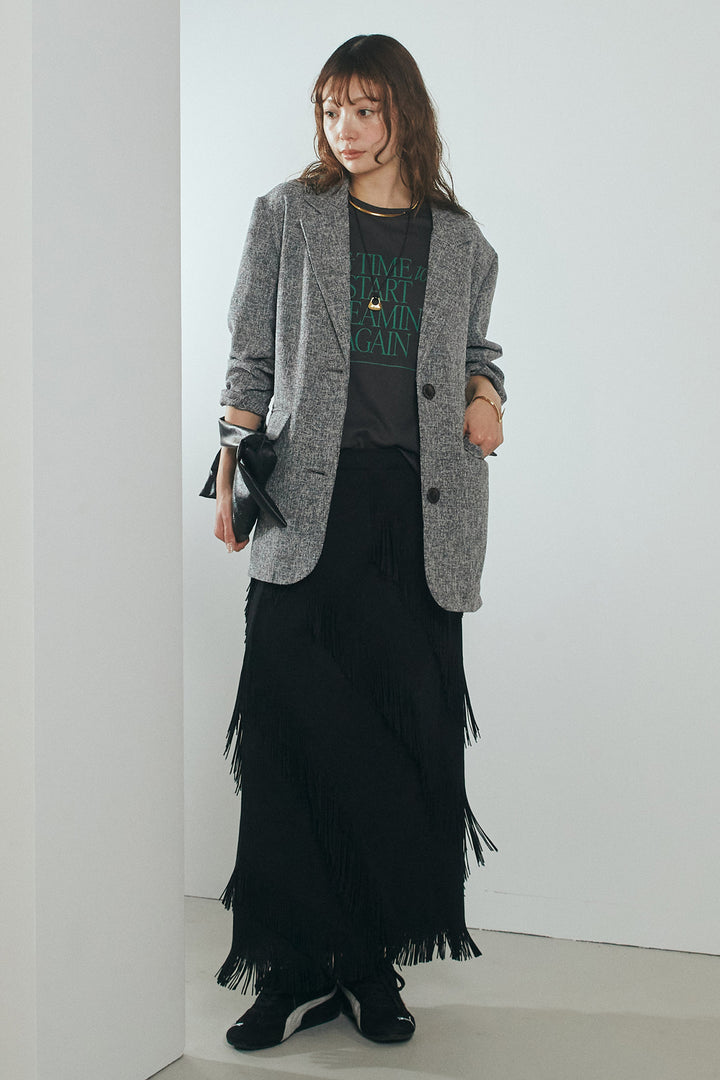 [SET]ミックスツイードベルト付きジャケット+斜めフリンジデザインスカート(2set)