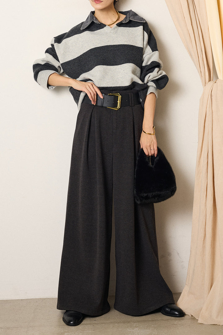 [SET]デニムカラーボーダールーズニット+ゴールドバックル太ベルト付きワイドパンツ(2set)