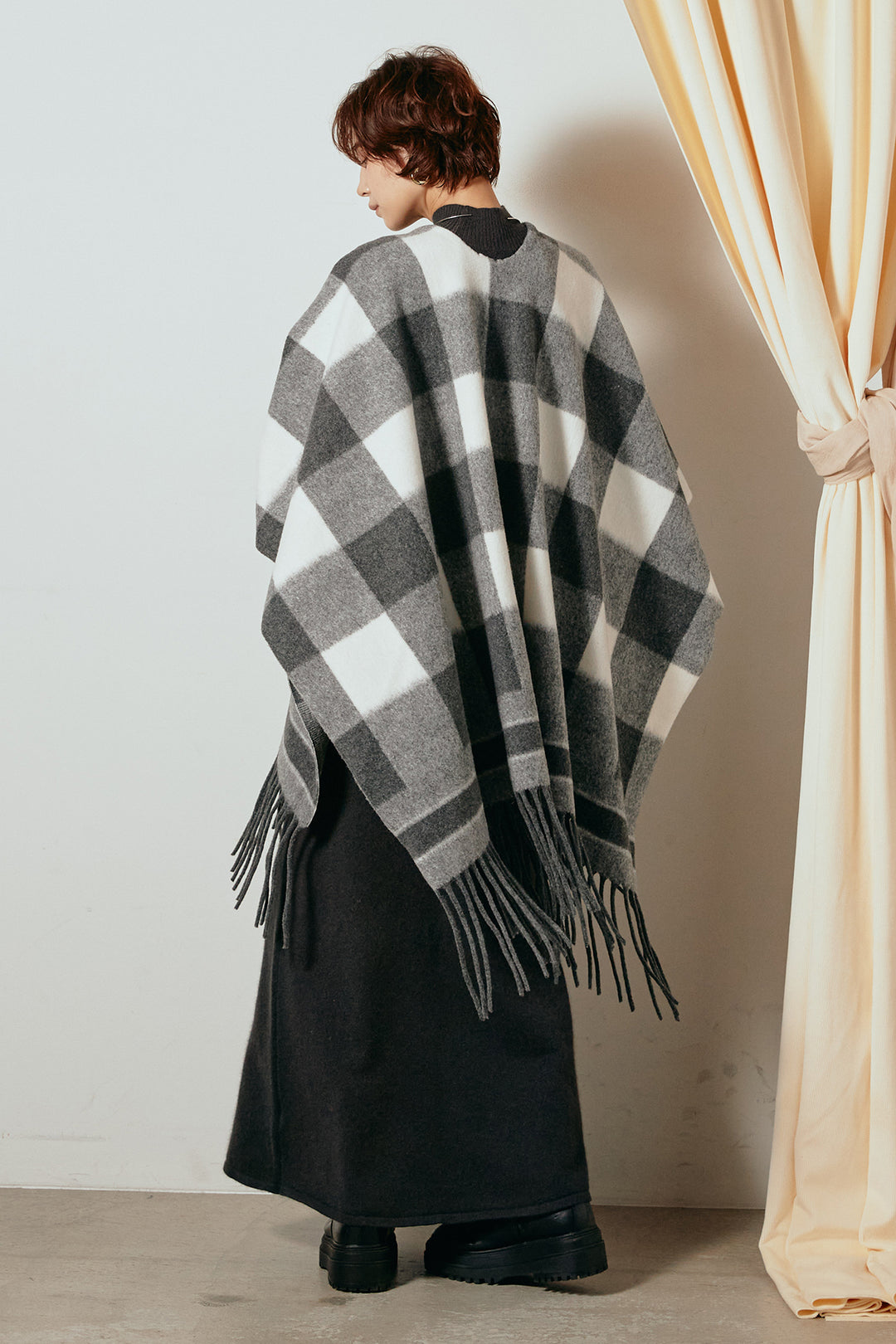 [SET]裾フリンジ柄ポンチョアウター+ノースリーブニットロングワンピース(2set)