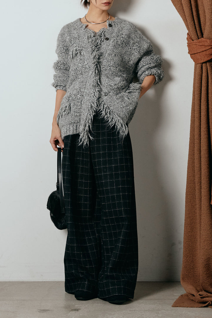 [SET]フリンジニットカーディガン+ウールライクチェックタックパンツ(2set)