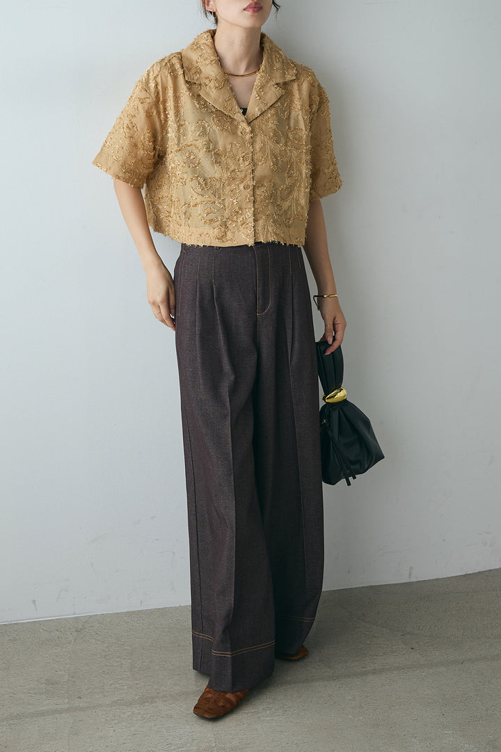 [SET]半袖オープンカラージャガード柄シャツ+ステッチデザインベルトワイドパンツ(2set)