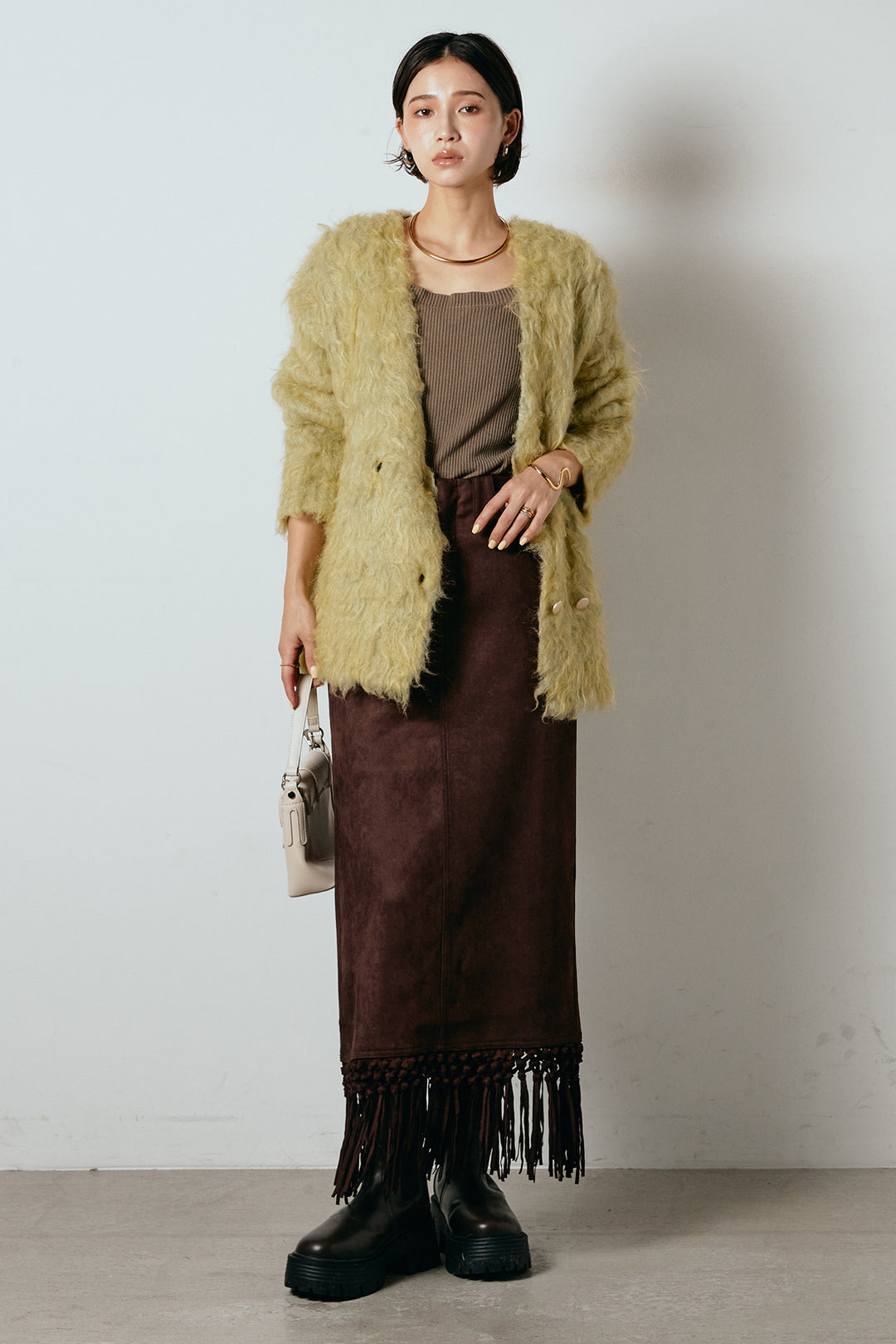[SET]ウェーブシャギーニットジャケット+スウェードライク裾フリンジスカート(2set)