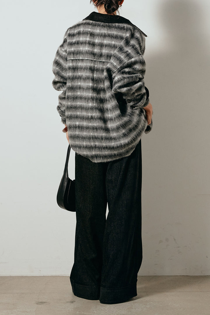 [SET]チェックシャギーミドルカバーオール+フェイクレザーベルト付きスウェードライクワイドパンツ(2set)