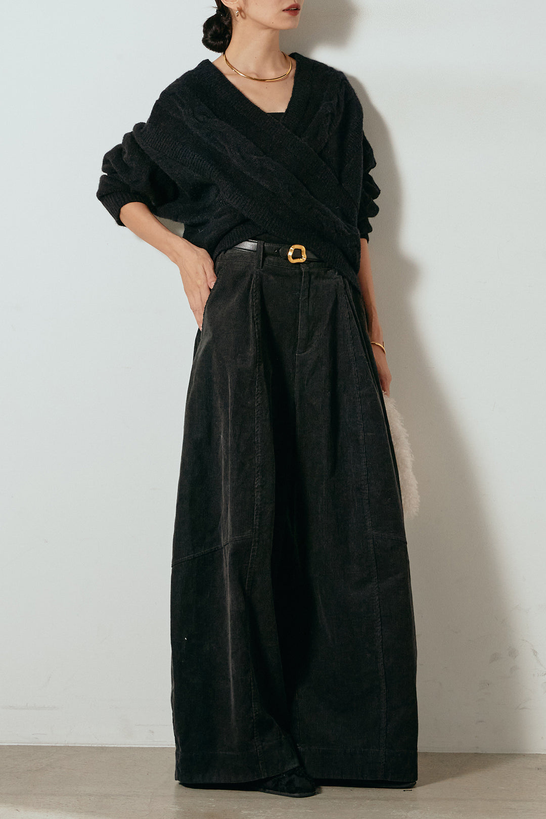 [SET]ケーブルカシュクールニットトップス+タック入りコーデュロイワイドパンツ(2set)