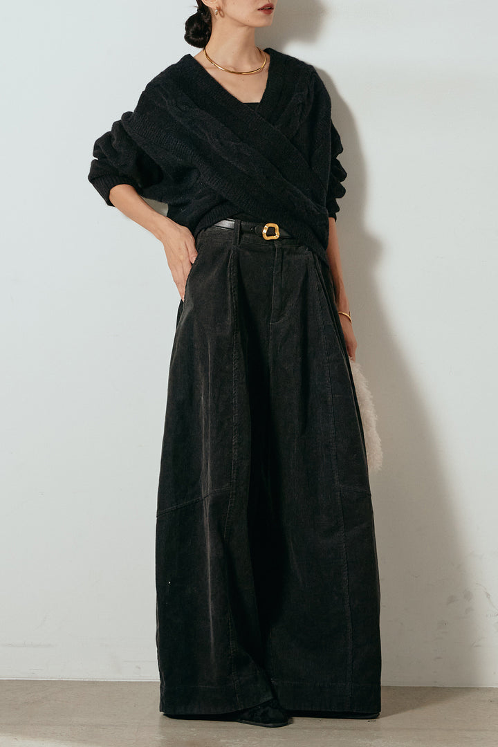 [SET]ケーブルカシュクールニットトップス+タック入りコーデュロイワイドパンツ(2set)