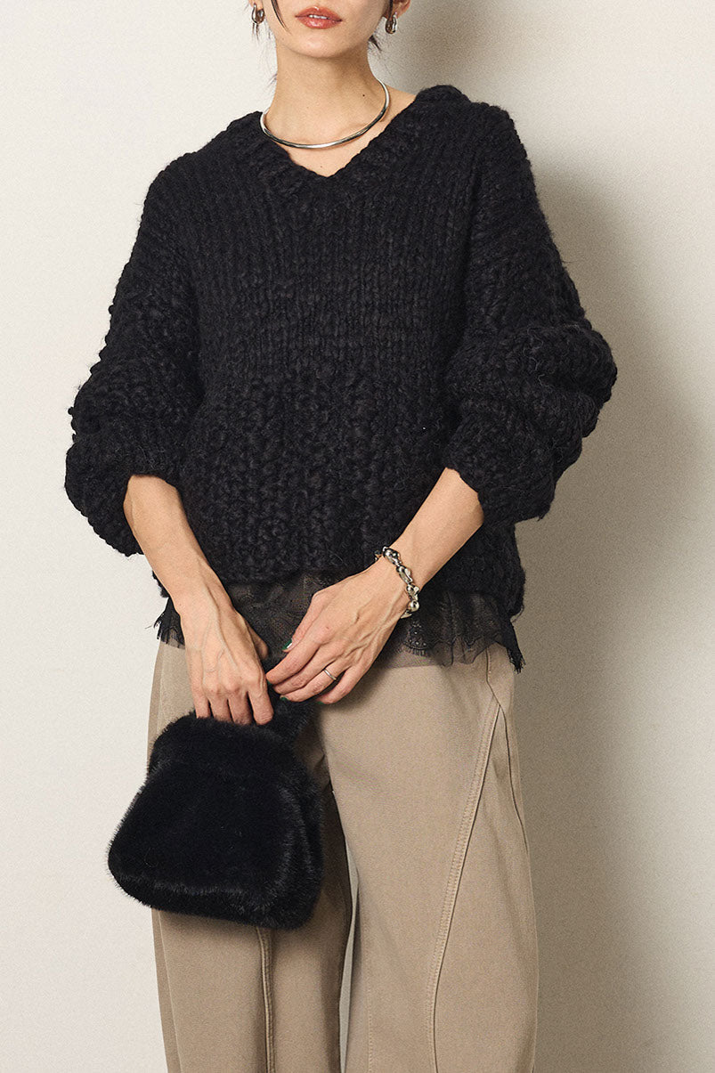 [SET]Vネックハンド編みニットトップス+レース切り替えキャミソール(2set)