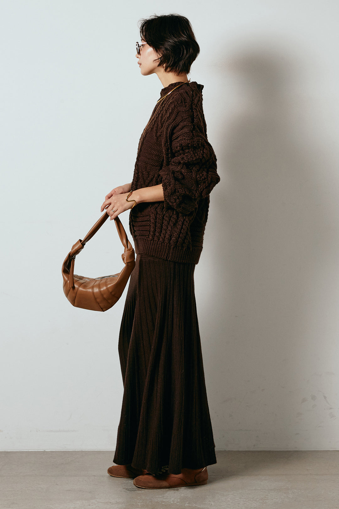 [SET]アラン柄ミックスケーブルニット+編み地切り替えフレアニットスカート(2set)