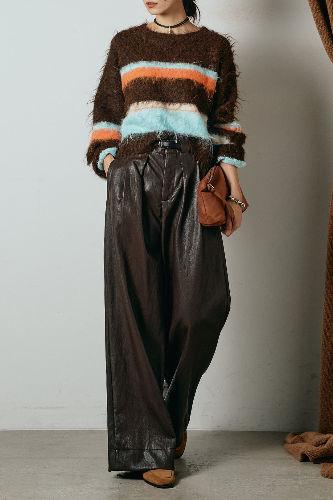 [SET]起毛配色マルチボーダーニットトップス+ベルト付きレザーライクタックパンツ(2set)