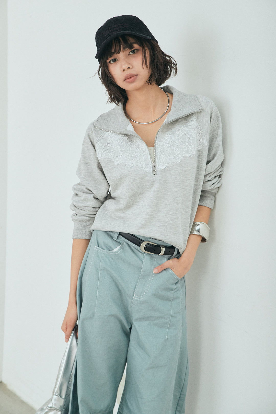 [SET]リバーレースハーフジップ裏毛スウェット+ツイル配色ステッチバレルパンツ(2set)