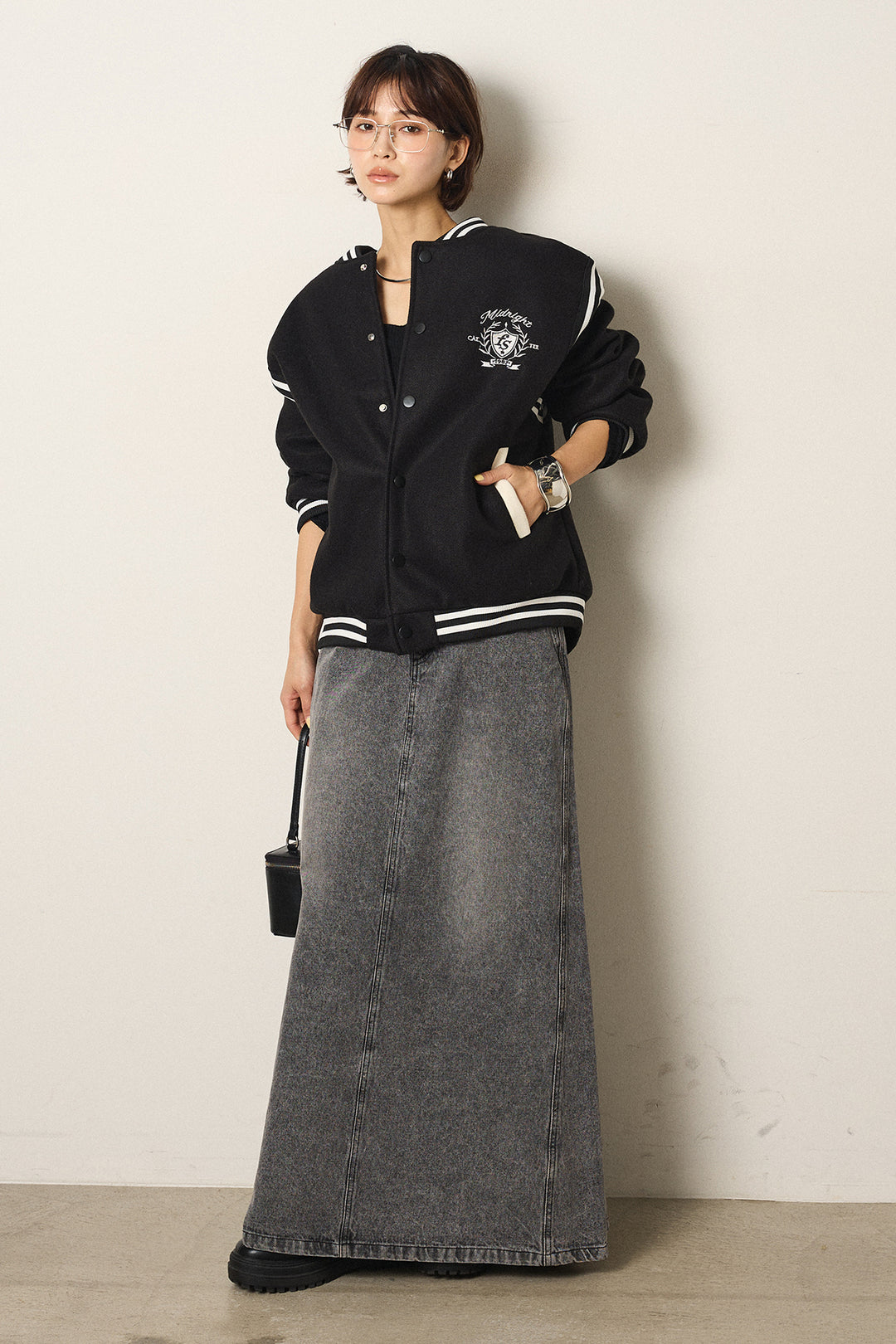 [SET]ワンポイントデザインブルゾン+デニムロングフレアスカート(2set)