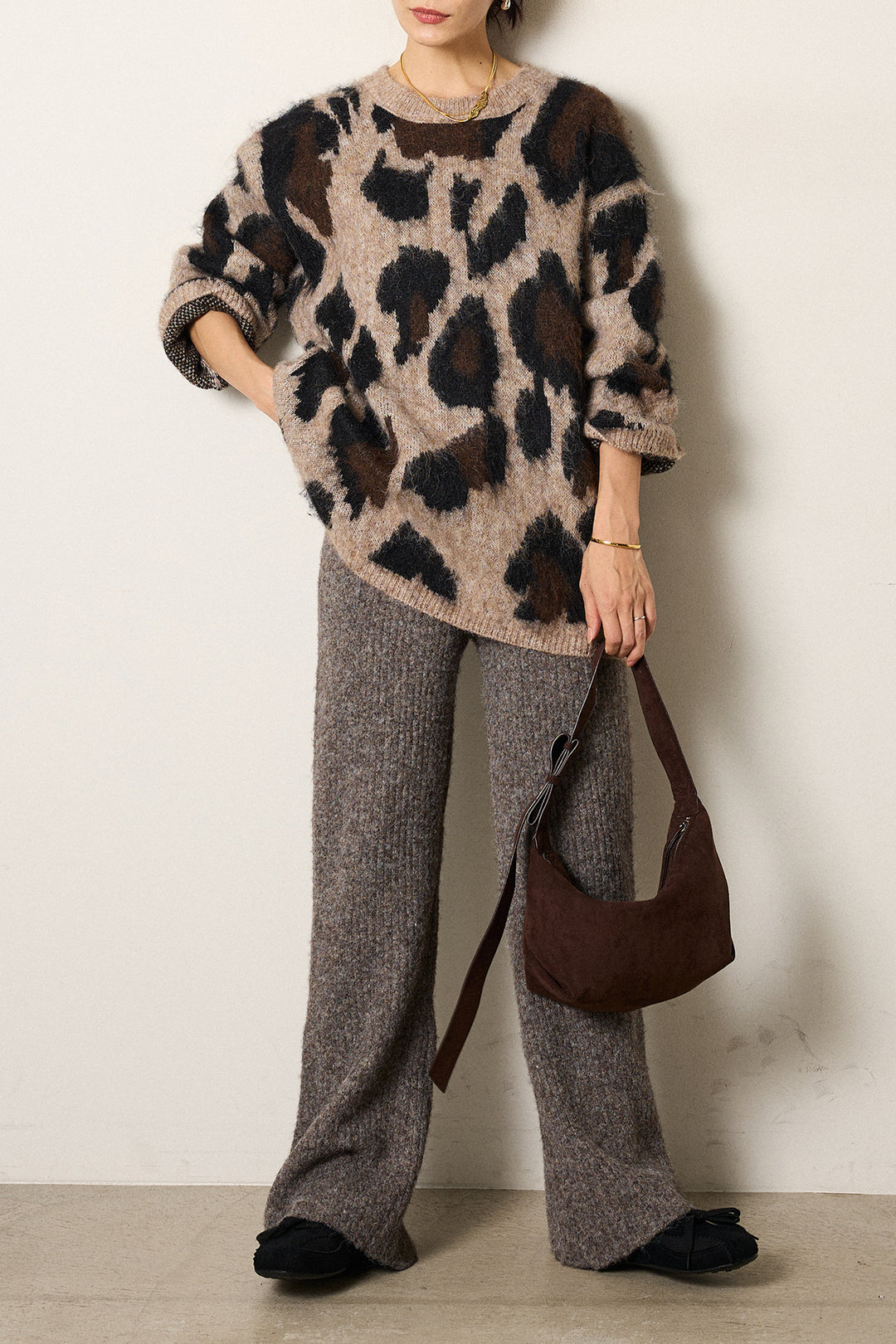 [SET]ルーズアニマルモヘアニットトップス+杢ニットリブフレアパンツ(2set)