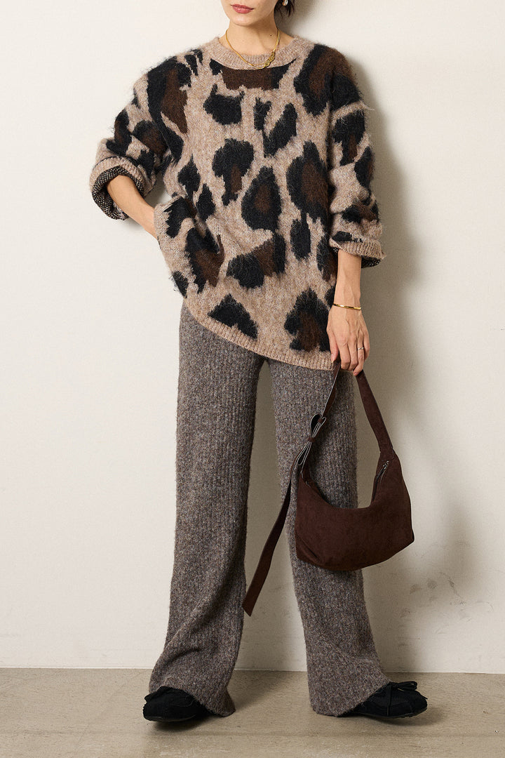 [SET]ルーズアニマルモヘアニットトップス+杢ニットリブフレアパンツ(2set)