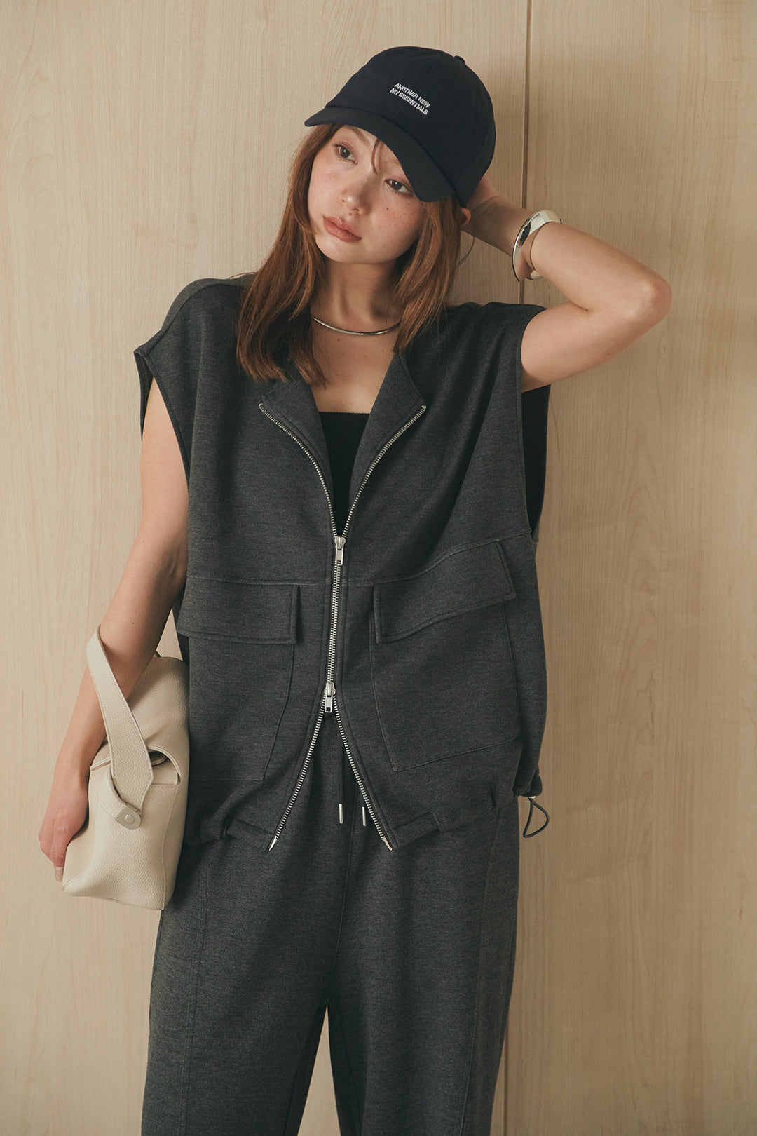 [SET]ボンディング生地ジップベスト+ボンディング生地コクーンパンツ(2set)