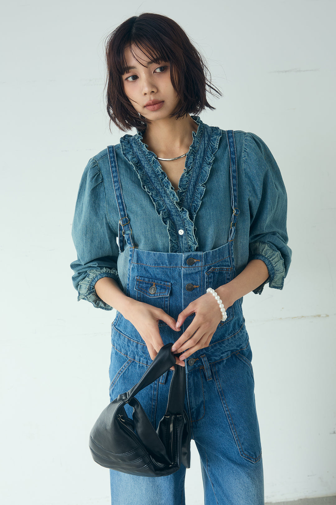 [SET]Vネックデニムフリルトップス+デニムサロペットワイドパンツ(2set)