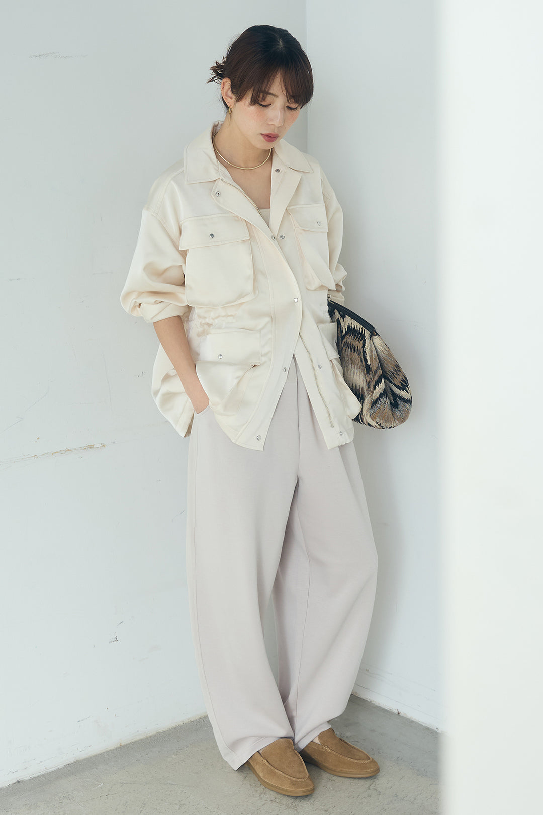 [SET]サテンライトブルゾン+異素材切り替えスウェットパンツ(2set)