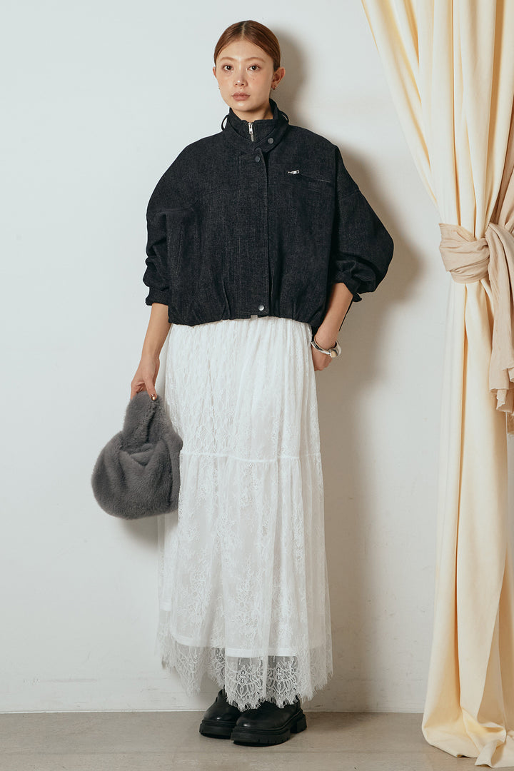 [SET]デニム調ハイネックブルゾン+ひげレース切替ロング丈スカート(2set)