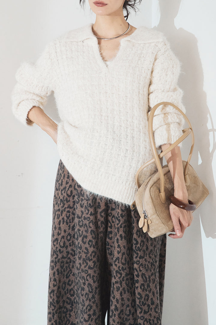 [SET]襟付きVネックニットトップス+リラックスレオパード柄ワイドパンツ(2set)