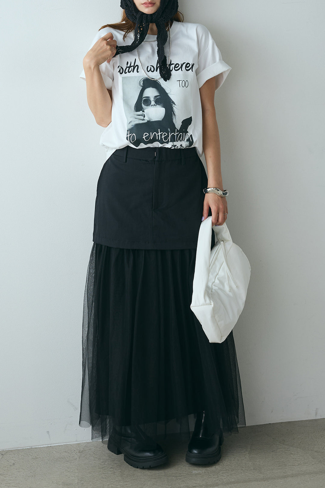 [SET]モノトーンフォトプリントTシャツ+切り替えデザインボリュームチュールスカート(2set)