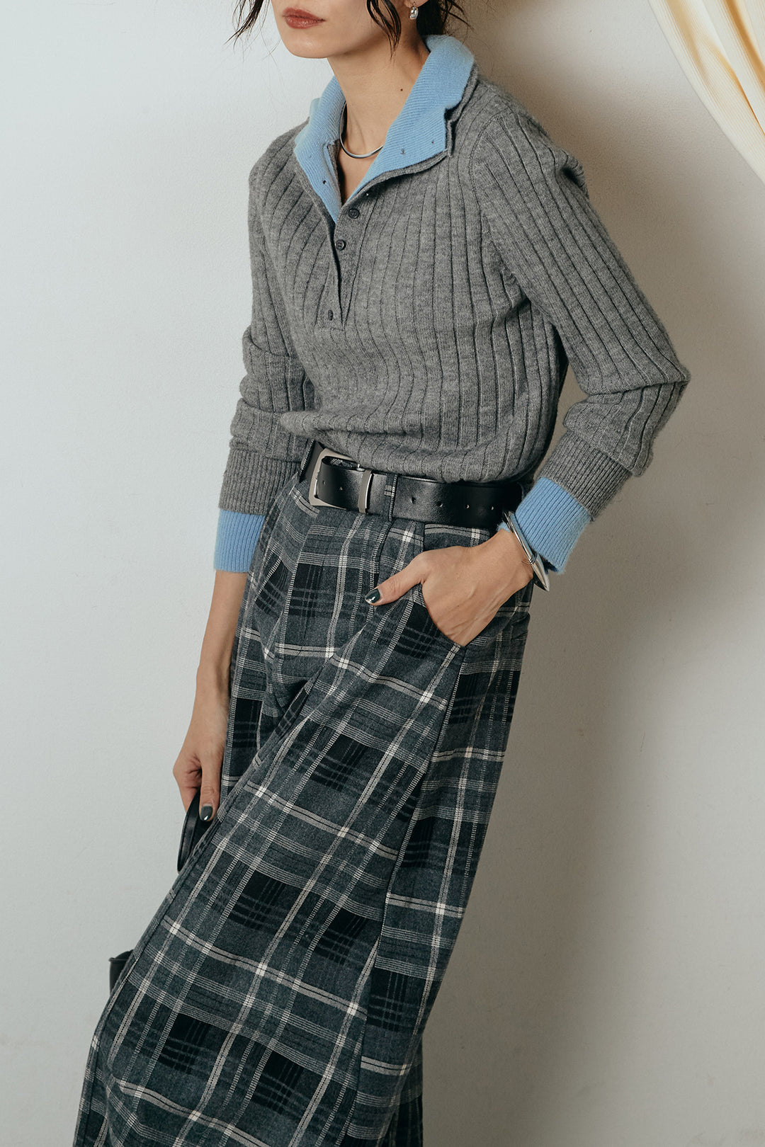 [SET]レイヤード風リブニットトップス+ベルト付きタータンチェックカーブワイドパンツ(2set)