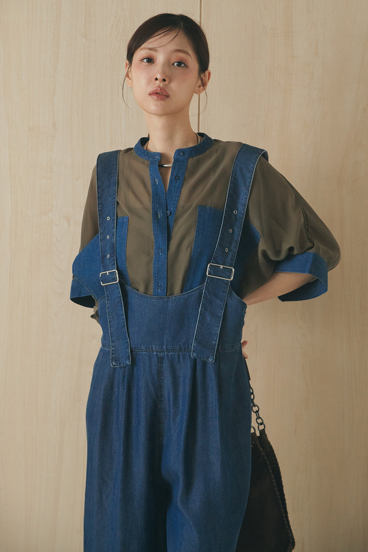 [SET]デニムライクビッグツーポケシアーシャツ+前後2WAYテンセルデニムサロペット(2set)